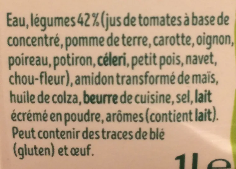Liste d'ingrédients d'un velouté de 10 légumes Liebig