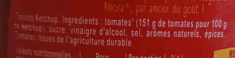 Liste d'ingrédients d'un ketchup Amora